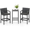 Black 3-piece patio bar set featuring 2 stools and 1 bar table, ideal for outdoor relaxation and gatherings.