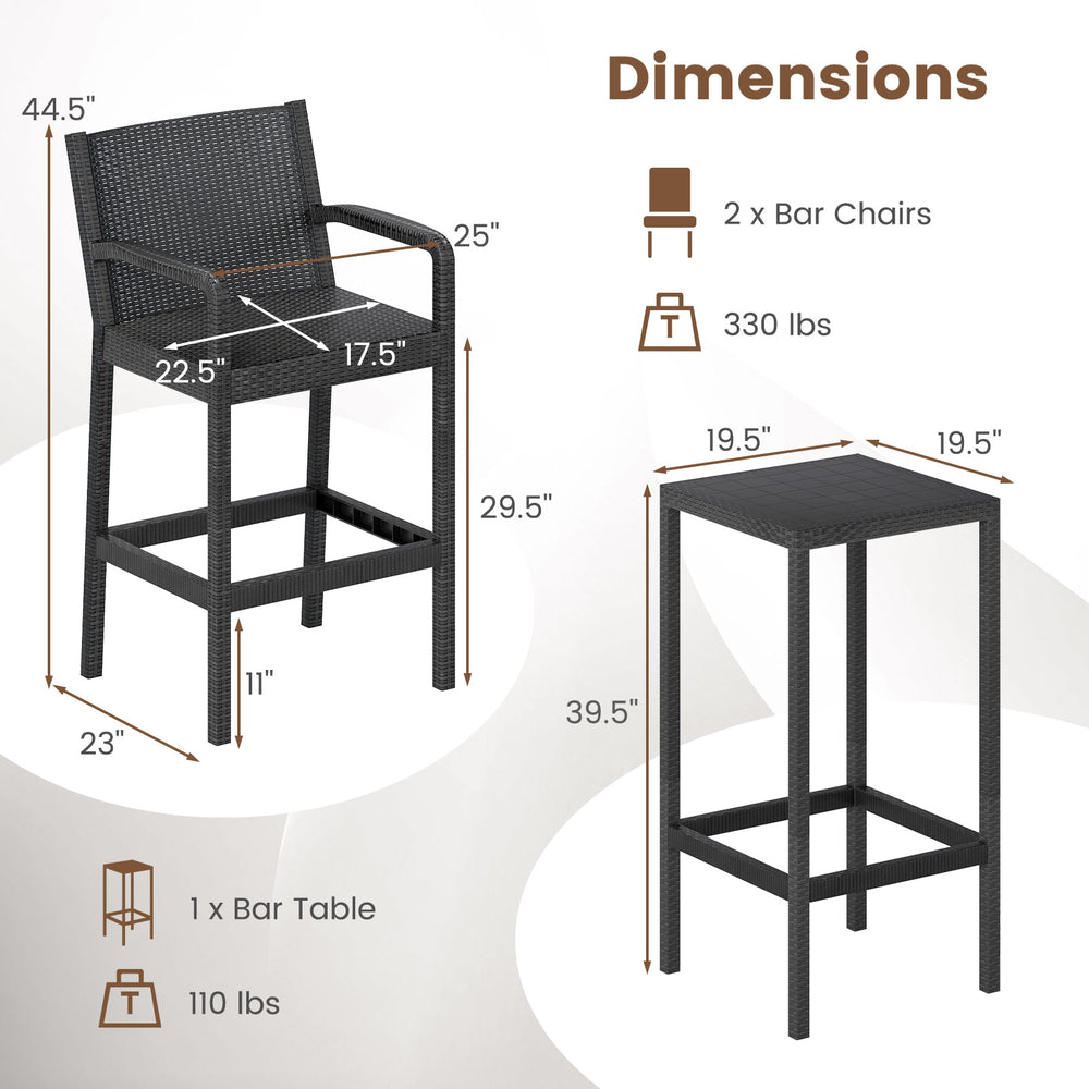 Black 3-piece patio bar set featuring 2 stools with armrests and a bar table, ideal for outdoor relaxation.
