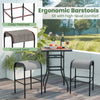 Set of 2 patio metal bar stools with curved fabric seat, sturdy frame, and sleek design for outdoor use.