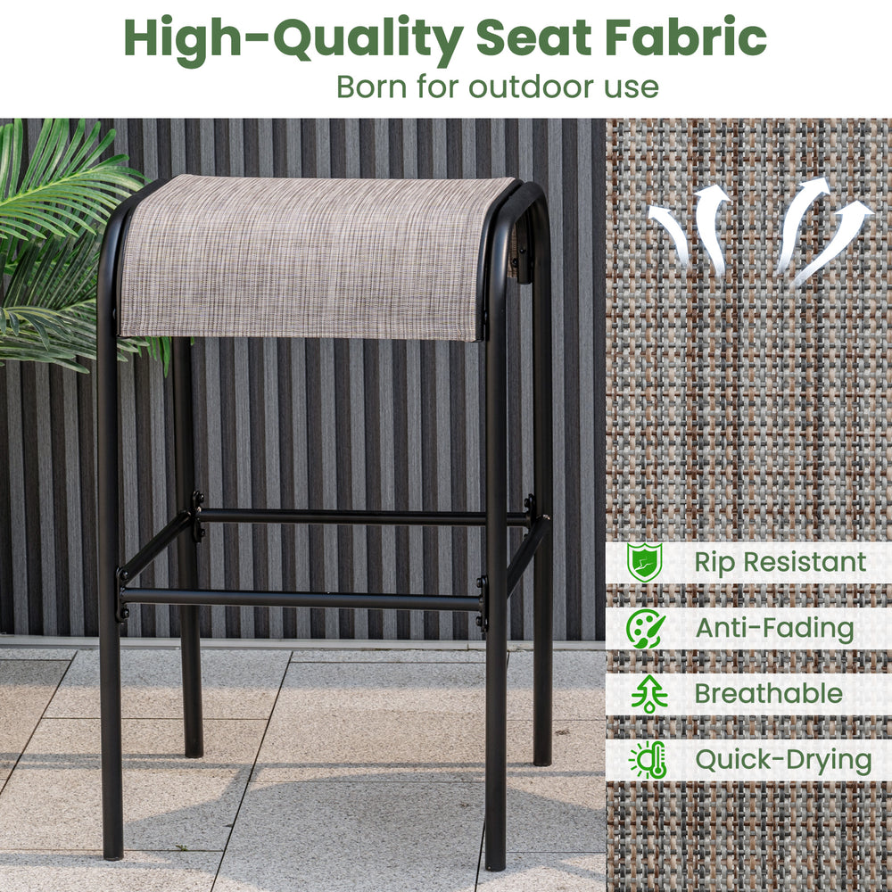 Curved fabric seat of a patio metal bar stool, featuring a sturdy frame, breathable material, ideal for outdoor use.