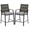 Counter height patio bar stools set of 2 with grey cushions and woven rattan back, perfect for backyard relaxation.