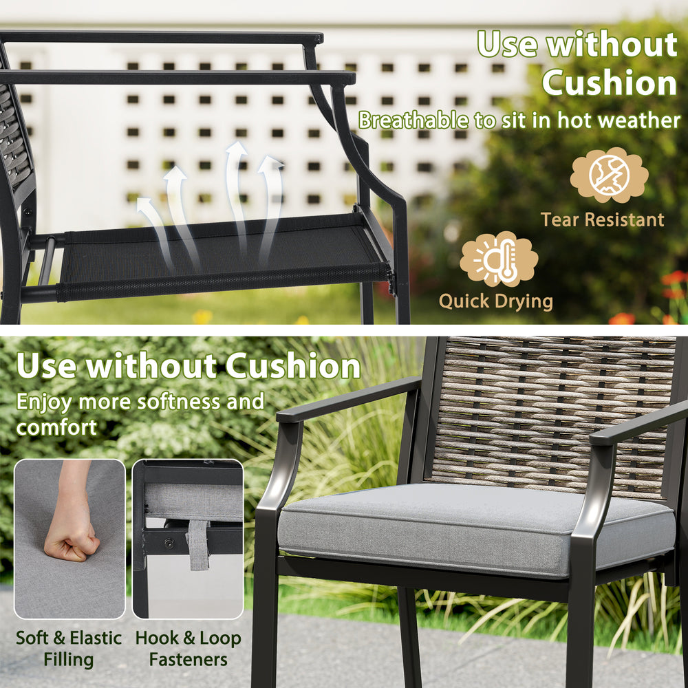 Counter height rattan bar chair with armrest in grey, featuring breathable fabric and durable metal structure for.