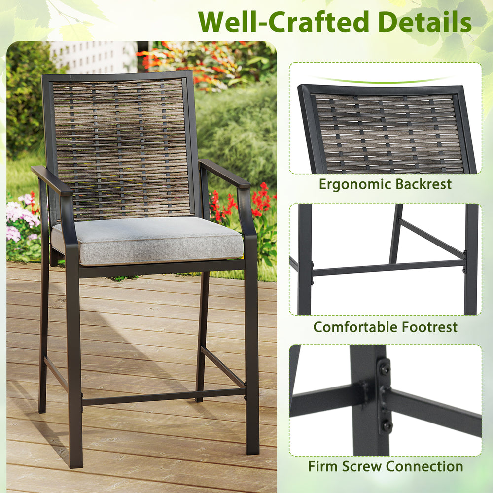Counter height rattan bar chair with ergonomic backrest and comfortable footrest, perfect for backyard or poolside use.