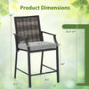 Patio bar stool dimensions with rattan back, grey cushion, and sturdy metal frame, ideal for outdoor relaxation.