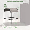 Curved fabric seat of a patio metal bar stool with dimensions, sturdy frame supports up to 400 lbs for outdoor use.