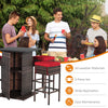 5-piece patio rattan bar table and stool set with red cushions, featuring hidden storage for outdoor gatherings.