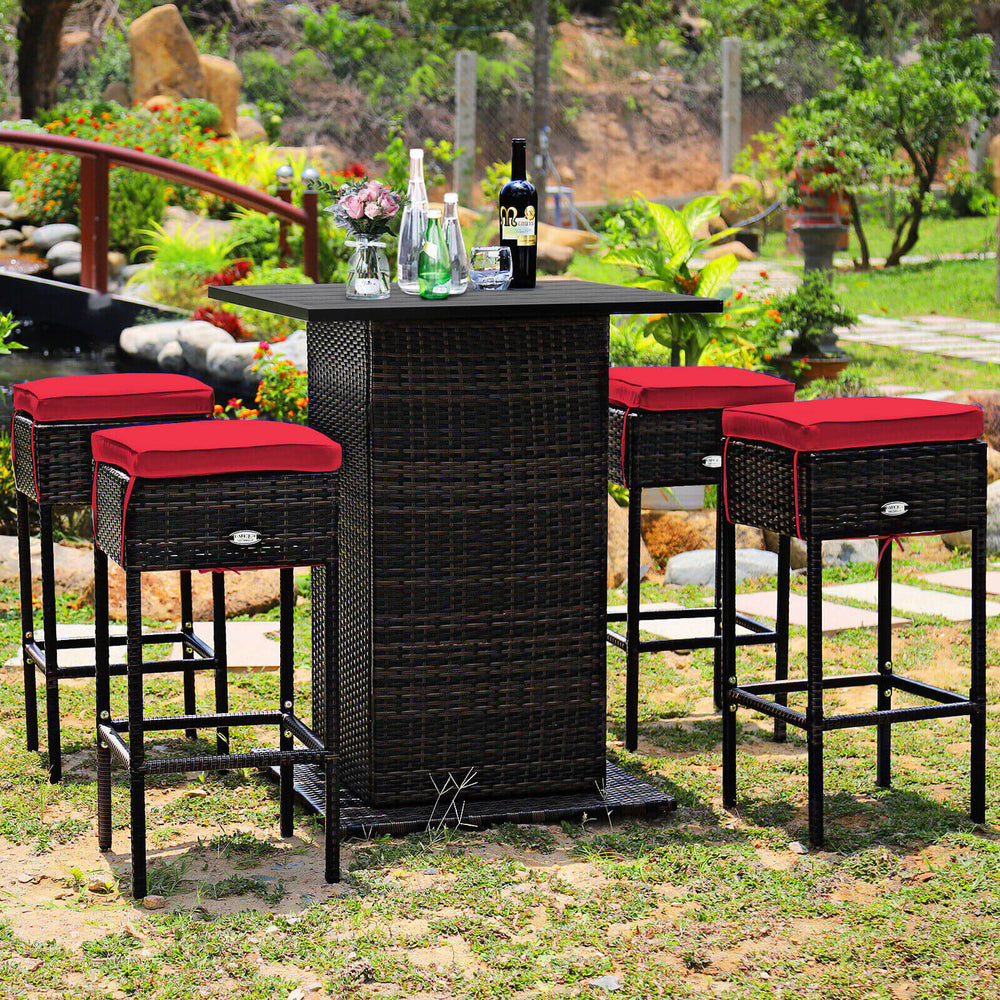 5-piece patio rattan bar set with red cushioned stools and hidden storage, perfect for outdoor leisure at poolside or.