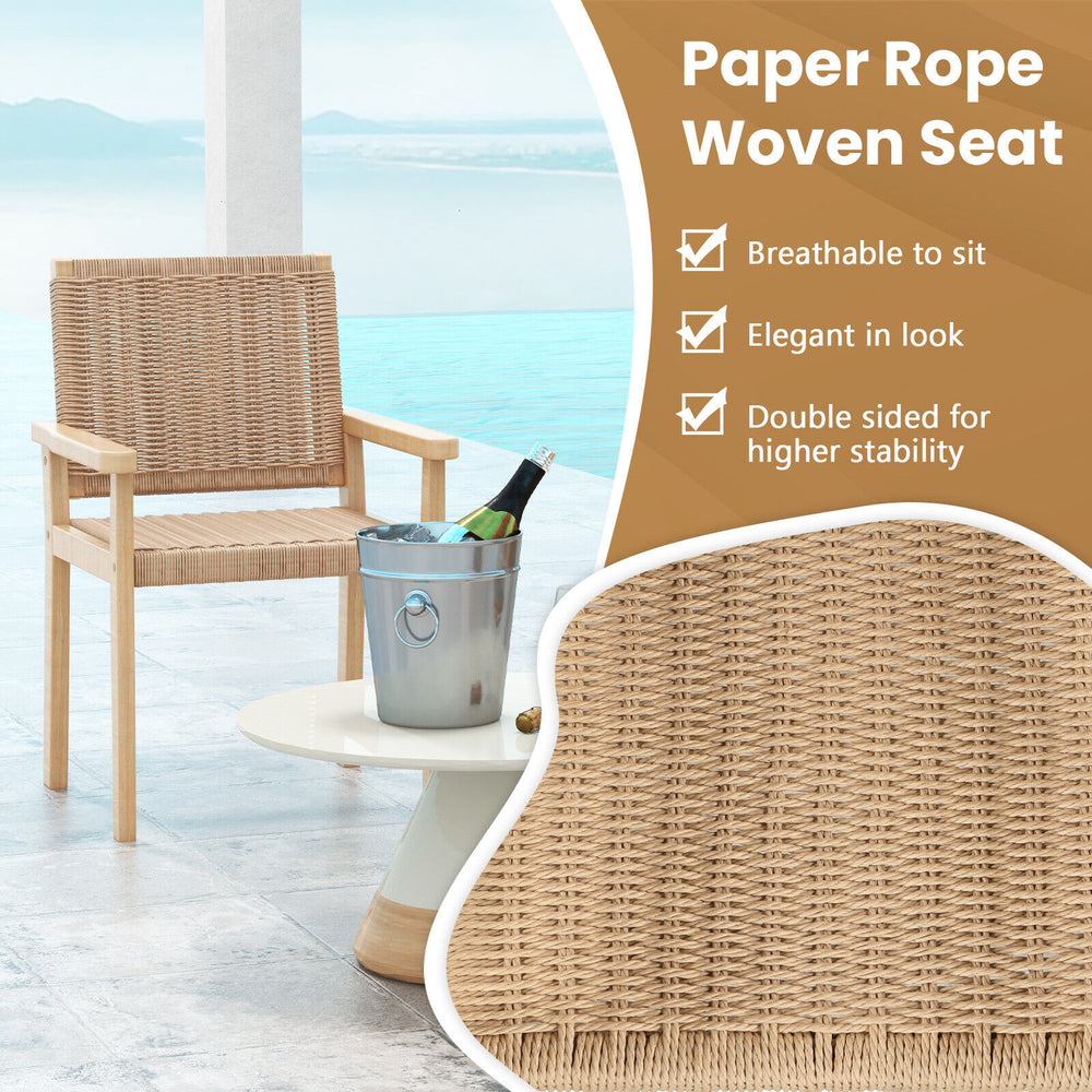 Natural wood chair with woven paper rope seat, perfect for indoor or outdoor use, providing elegant comfort and.