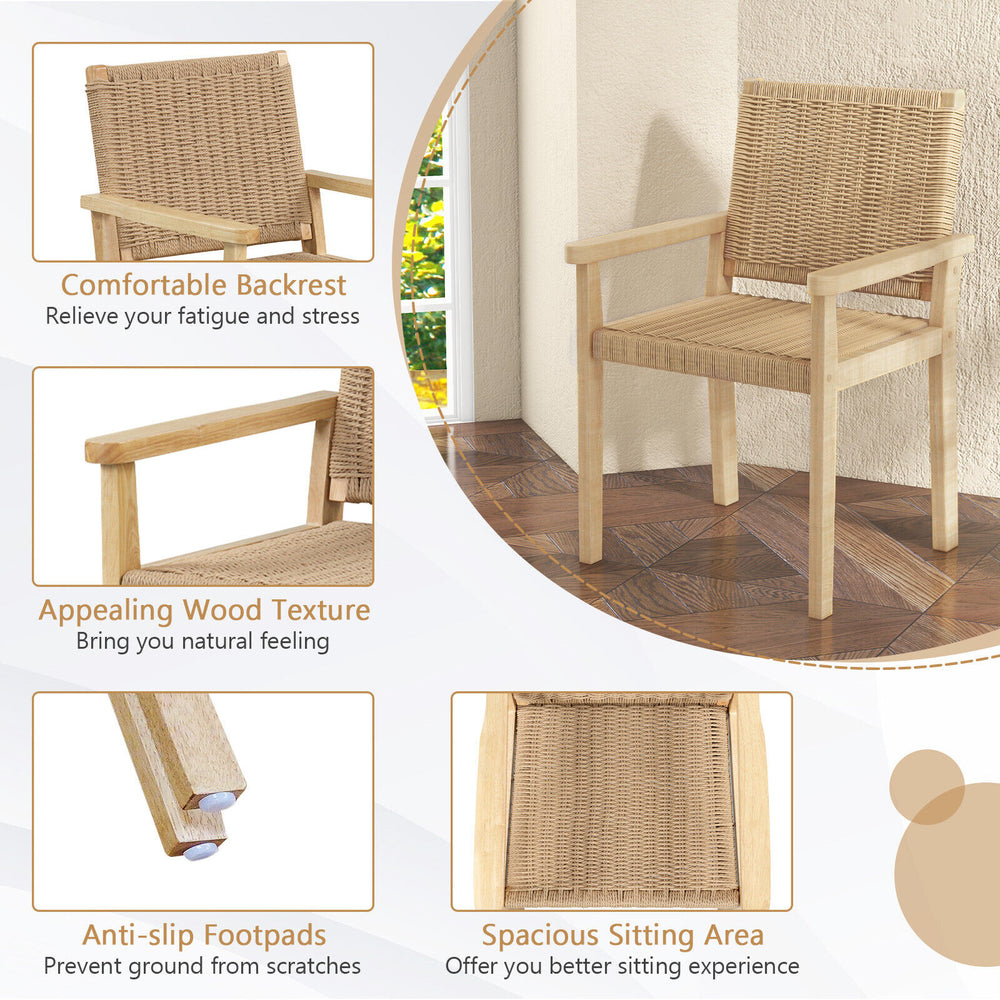 Natural wood chair with spacious seating, woven paper rope, and anti-slip footpads for indoor or outdoor use.