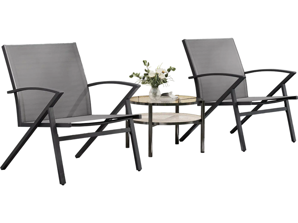 Set of 2 grey patio chairs with heavy-duty metal frames, perfect for outdoor relaxation on your porch or patio.