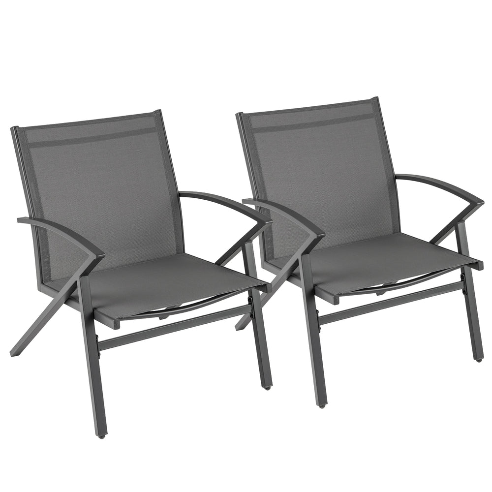 Set of 2 grey patio chairs with heavy-duty metal frame, contoured backrests, and curved armrests for outdoor comfort.