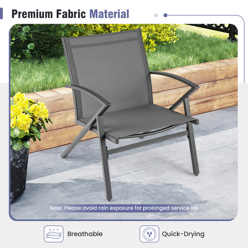 Grey patio chair featuring breathable, quick-drying fabric and a heavy-duty metal frame, perfect for outdoor relaxation.