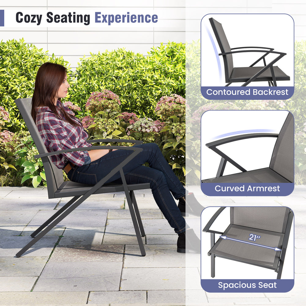 Spacious grey patio chair with contoured backrest and curved armrests, perfect for outdoor relaxation.