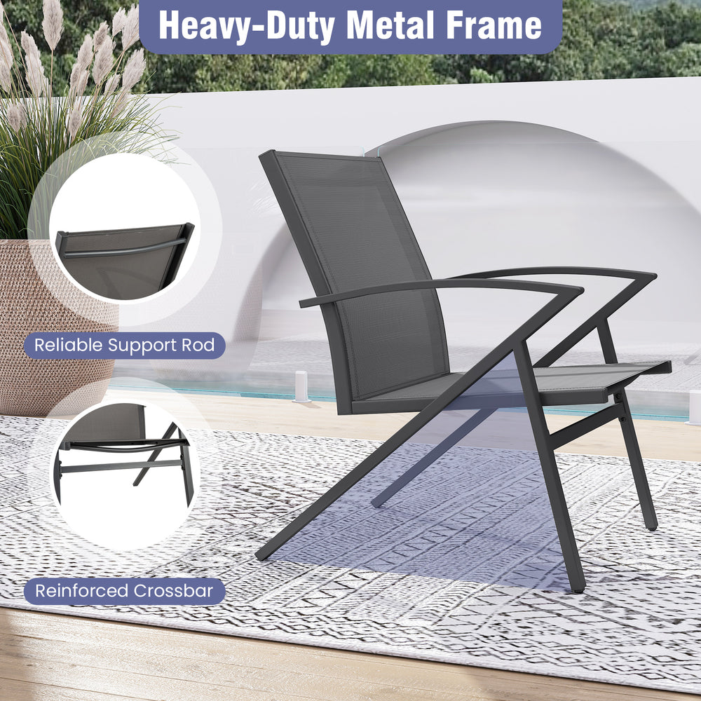 Heavy-duty metal frame patio chair with breathable fabric, contoured backrest, and adjustable foot pads for outdoor.