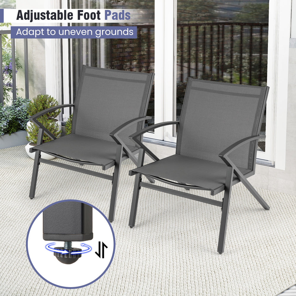 Set of 2 grey patio chairs with heavy-duty metal frame and adjustable foot pads for uneven surfaces, perfect for.