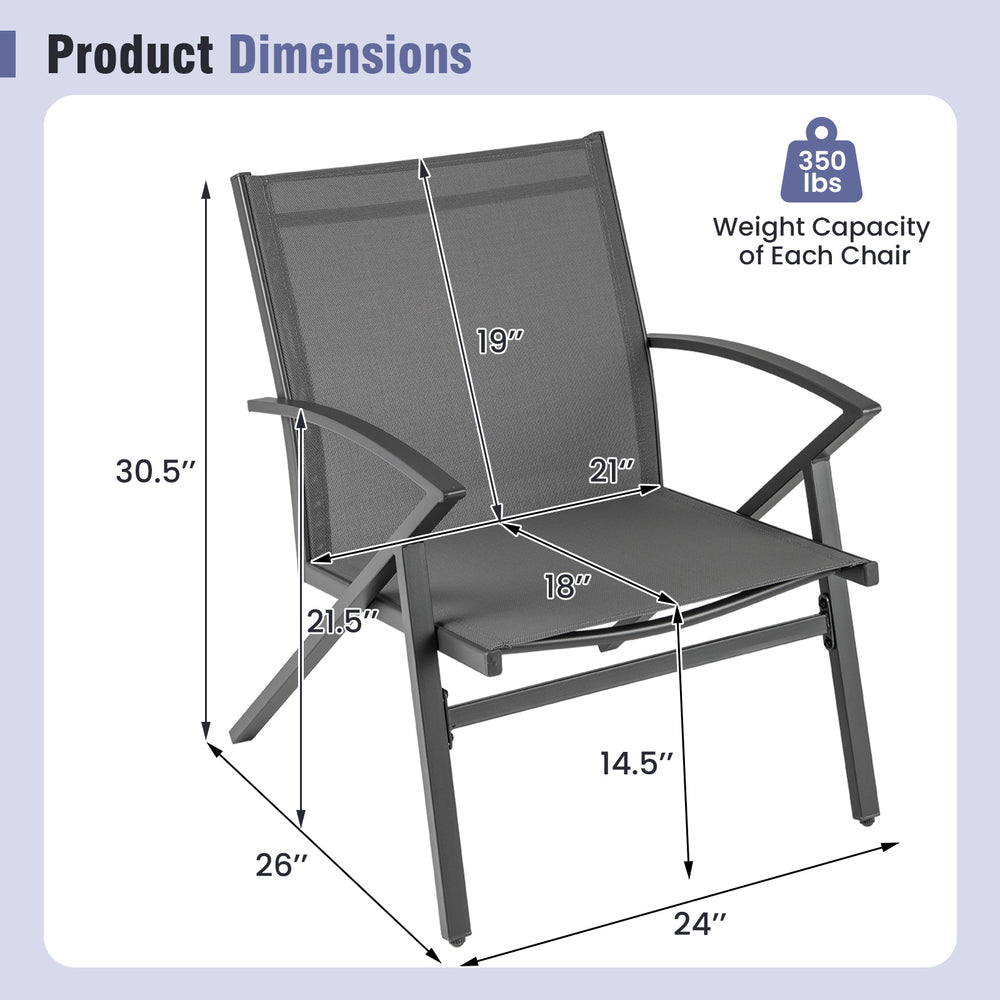 Detailed dimensions of the grey patio chair from the set, showcasing its heavy-duty metal frame and comfort features.