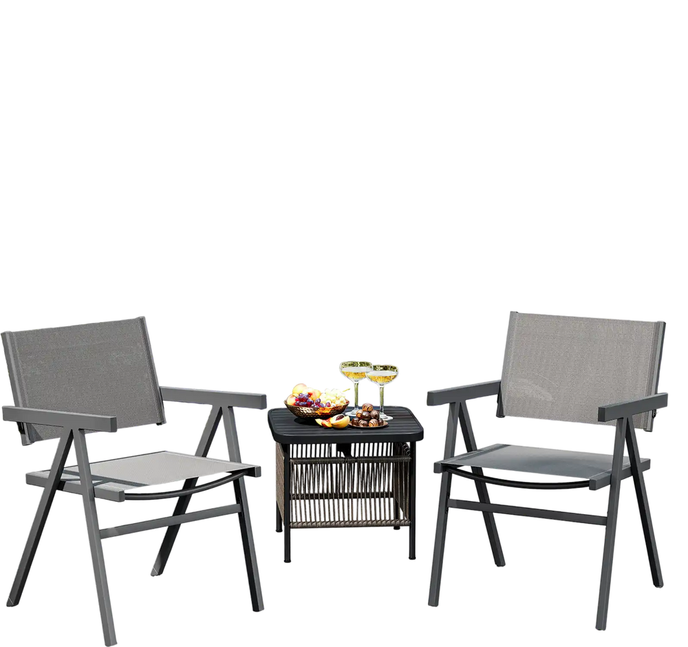Set of 2 outdoor dining chairs with breathable fabric seats, sturdy metal frame, perfect for patios and poolsides.