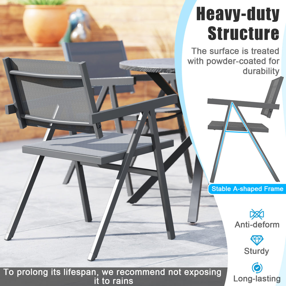 Set of 2 patio chairs with breathable fabric seats and sturdy powder-coated metal frame for outdoor dining.