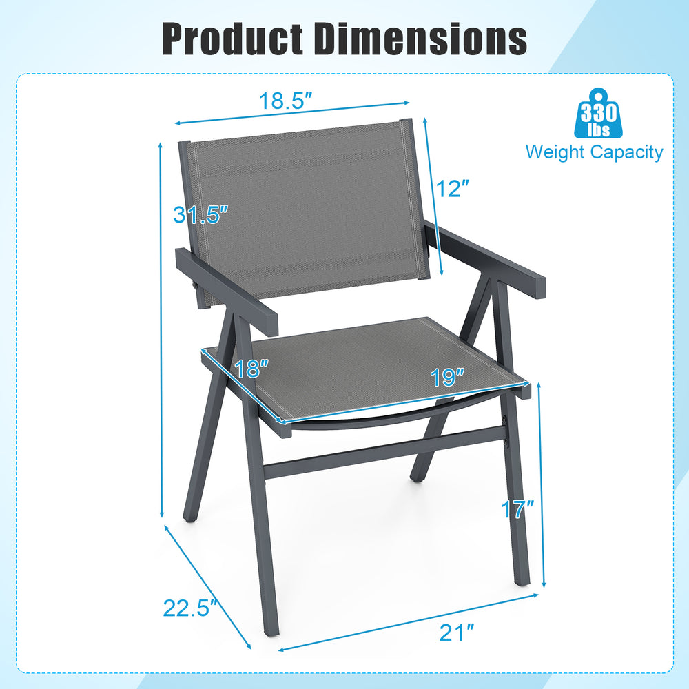Dimensions of a patio dining chair set with breathable fabric seat, sturdy metal frame, and comfortable armrests.