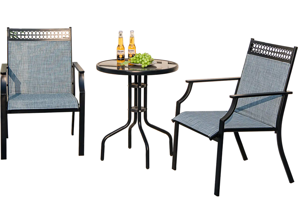Patio chairs set of 2 with blue breathable fabric, perfect for poolside or patio relaxation.