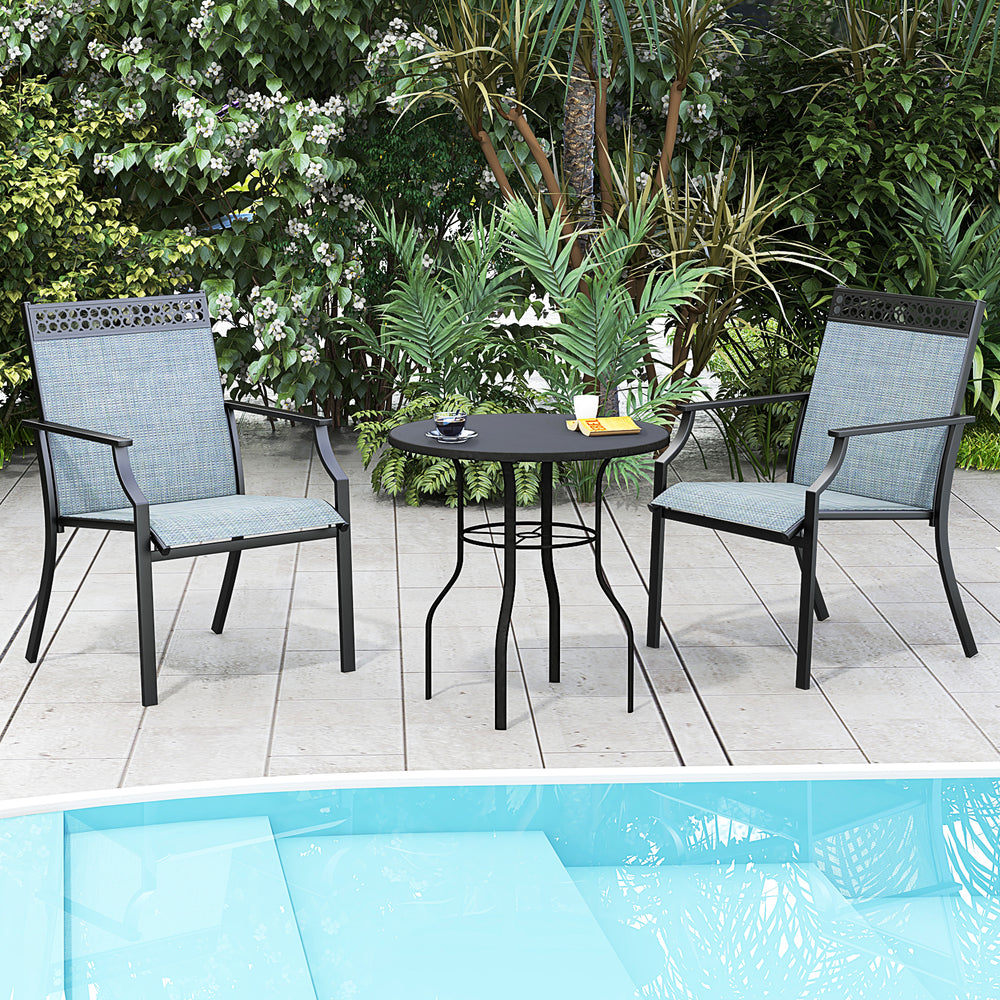 Two patio chairs with breathable blue fabric and a small table, perfect for poolside relaxation and outdoor settings.
