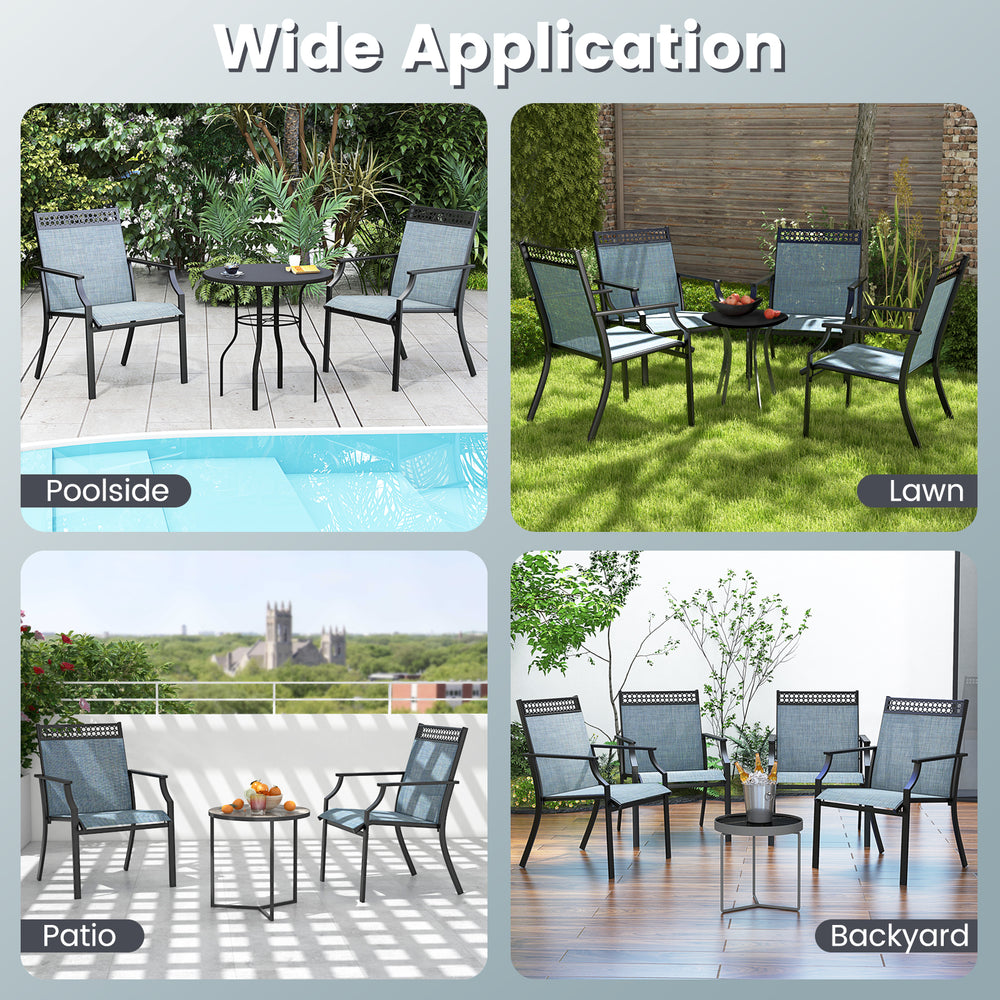 Patio chairs set of 2 with breathable blue fabric, ideal for poolside, lawn, or patio use. Easy assembly and durable.