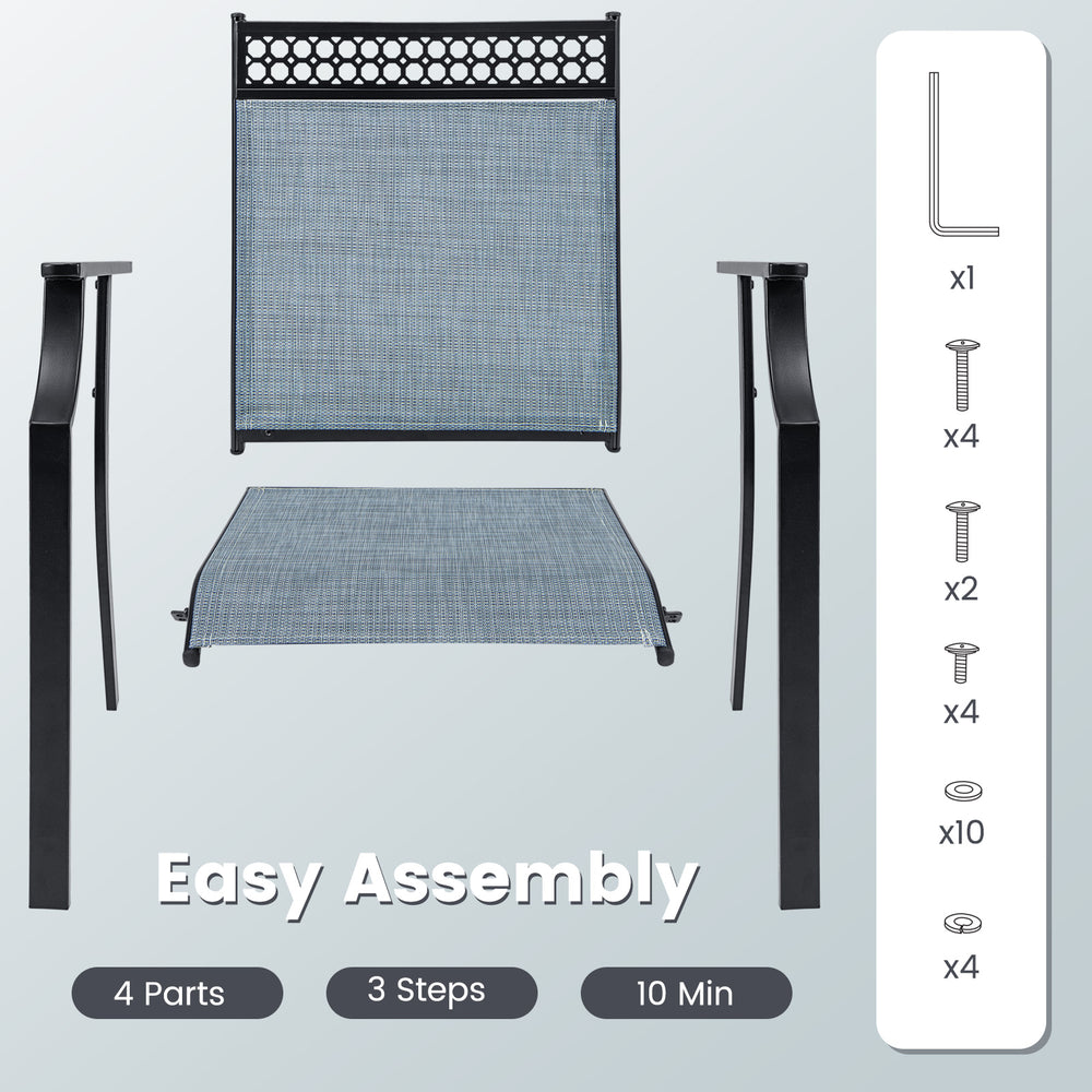 Patio chairs set of 2 featuring breathable blue fabric, easy assembly, and strong support for poolside or patio use.