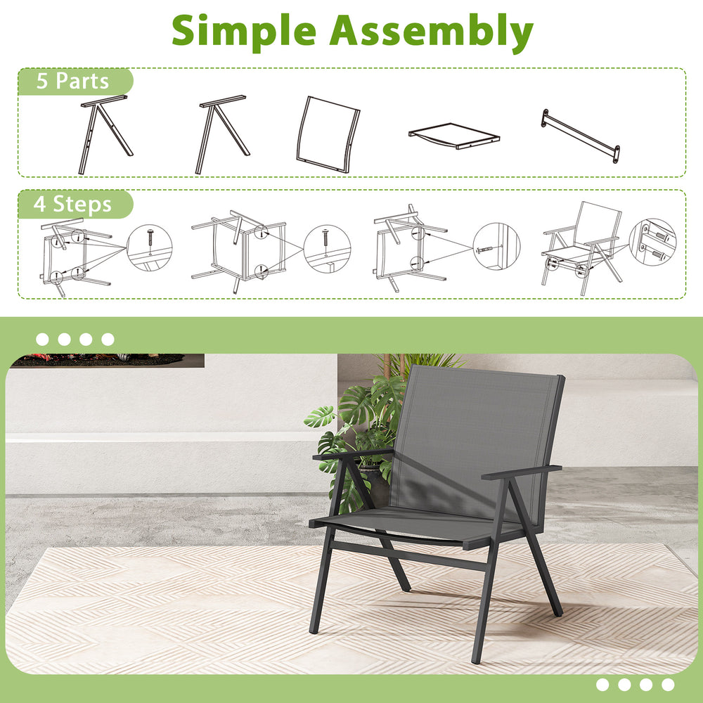 Gray patio chair set with breathable mesh fabric, sturdy metal frame, and simple 4-step assembly for outdoor comfort.