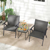 Two gray patio chairs with breathable mesh fabric and metal frame, ideal for outdoor relaxation on a balcony or garden.