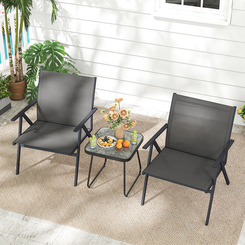 Two gray patio chairs with breathable mesh fabric and metal frame, ideal for outdoor relaxation on a balcony or garden.