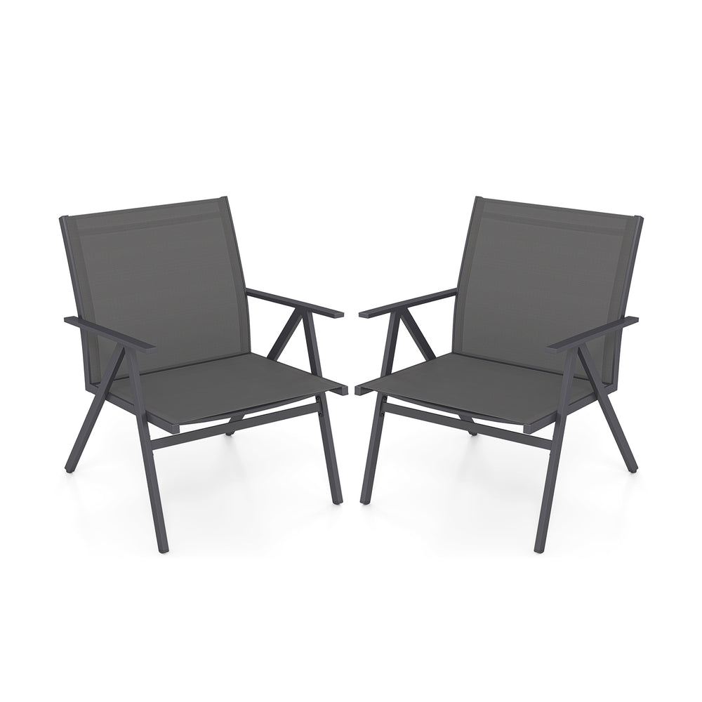 Gray patio chairs set of 2 with breathable mesh fabric and sturdy metal frame, ideal for garden or balcony relaxation.