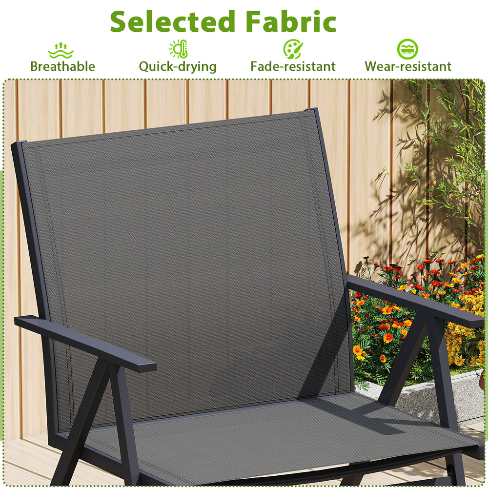 Gray patio chair with breathable mesh fabric, metal frame, and ergonomic design for comfortable outdoor seating.