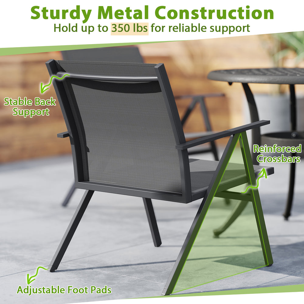 Gray patio chair with breathable mesh fabric and sturdy metal frame, designed for comfort and support up to 350 lbs.