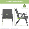 Patio chair dimensions showing a gray metal frame and breathable mesh fabric, suitable for outdoor use with a 350 lbs.