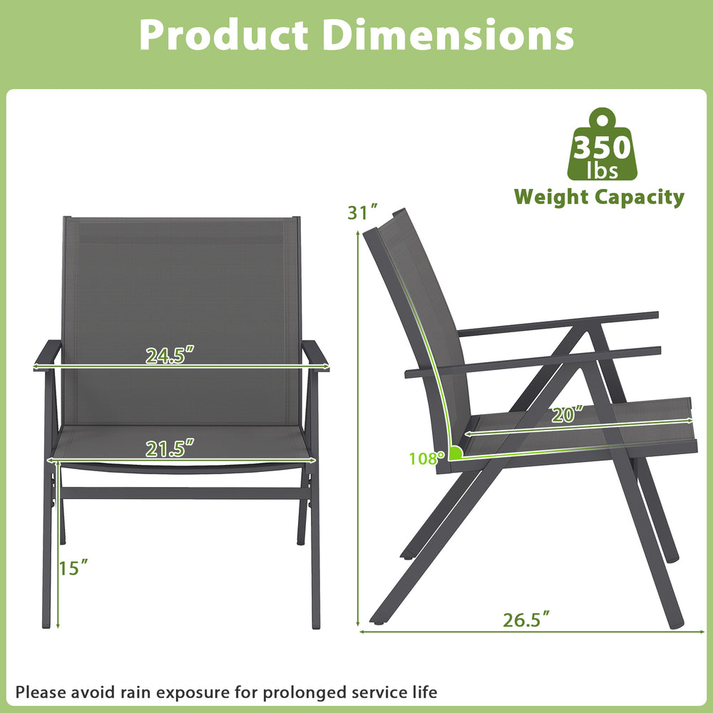 Patio chair dimensions showing a gray metal frame and breathable mesh fabric, suitable for outdoor use with a 350 lbs.