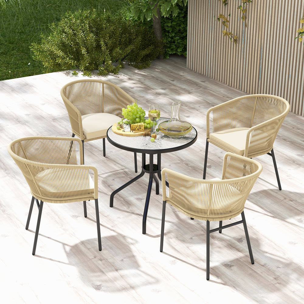 Set of 4 yellow patio chairs with curved backrests and cushions, perfect for outdoor relaxation and support.