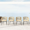 Set of 4 yellow patio chairs with curved backrest and seat cushions, ideal for outdoor relaxation and comfort.
