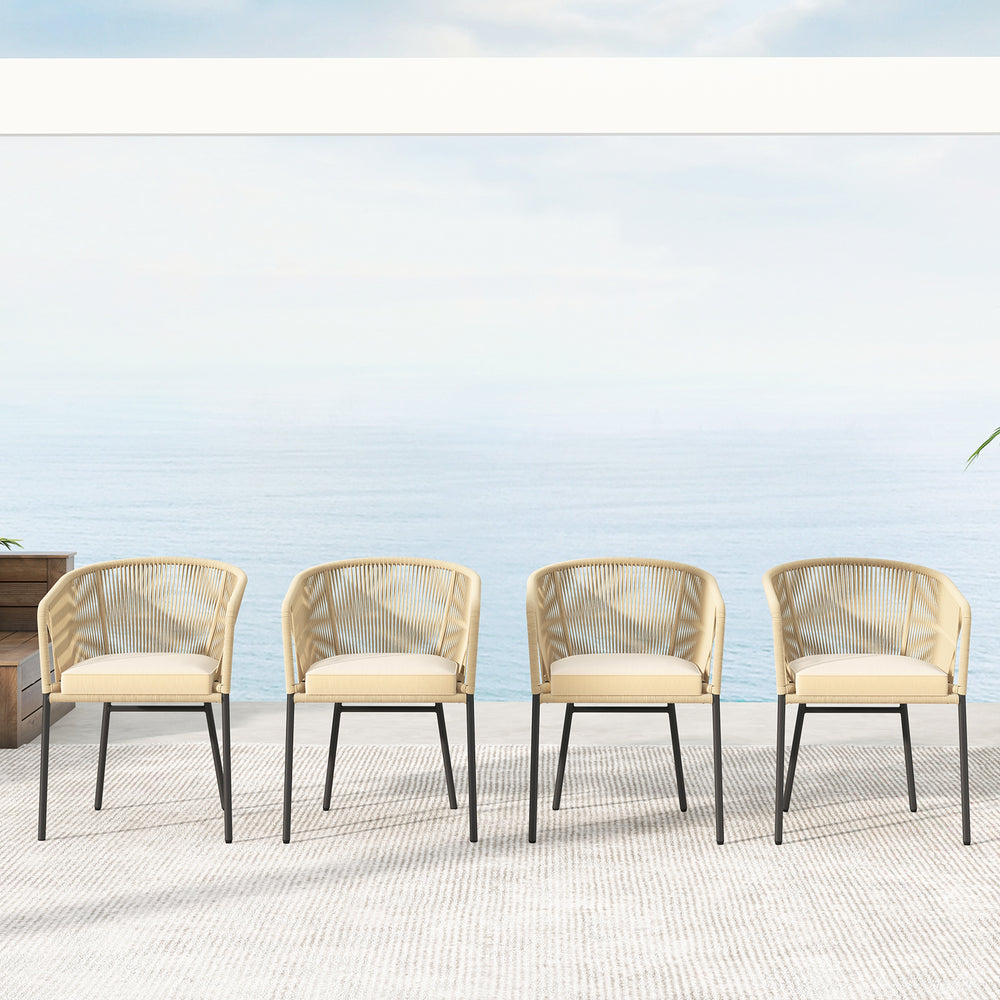 Set of 4 yellow patio chairs with curved backrest and seat cushions, ideal for outdoor relaxation and comfort.