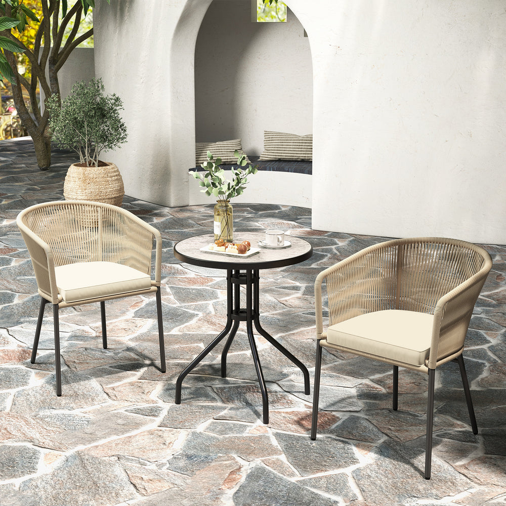 Curved backrest patio chairs set with cushions, yellow fabric, perfect for outdoor relaxation and support.