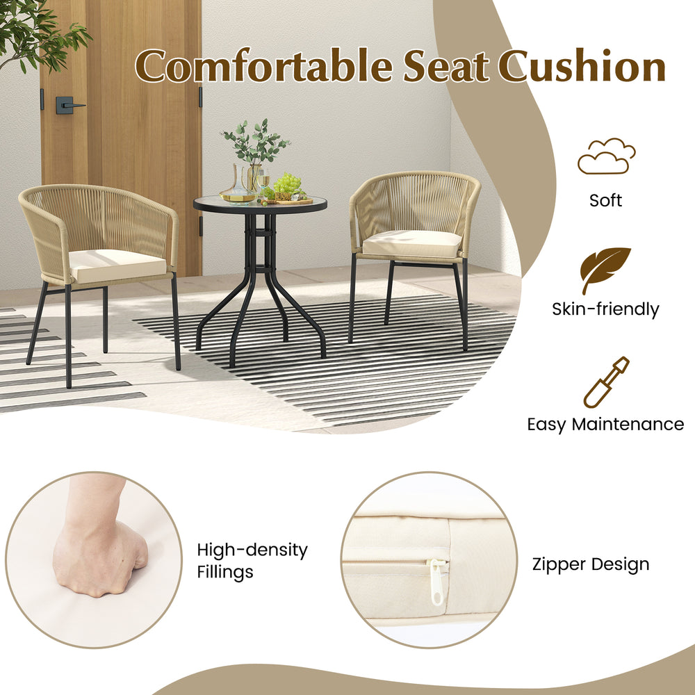 Curved backrest patio chair set with yellow cushions, featuring breathable fabric and wide armrests for comfort.