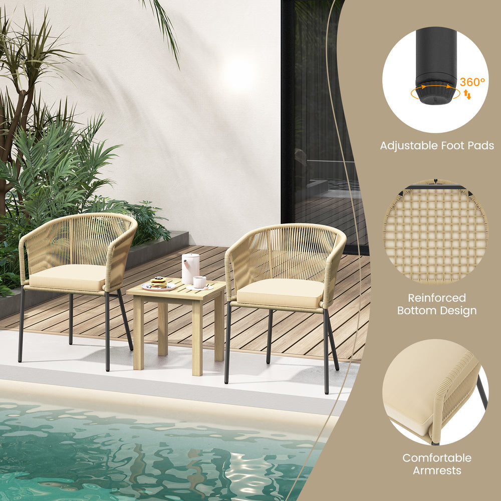 Curved backrest patio chairs set with yellow cushions, featuring adjustable foot pads for stability by the poolside.