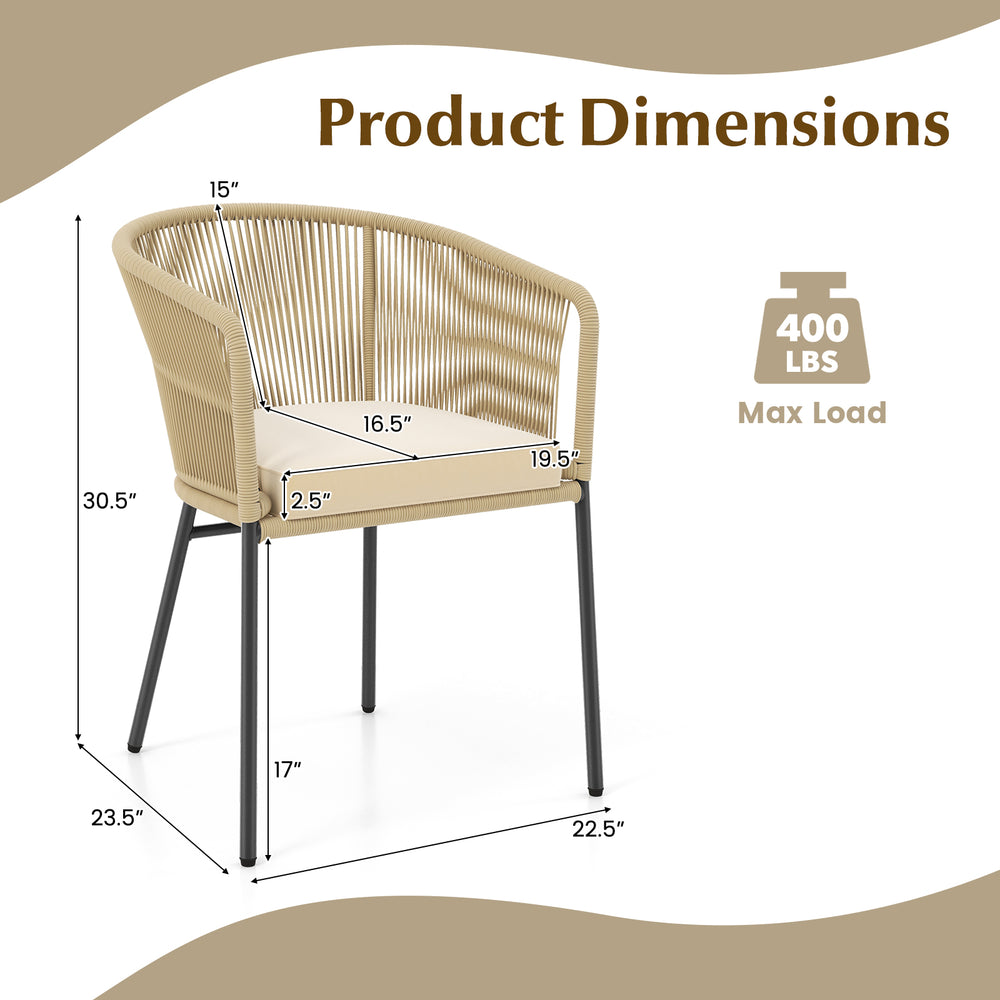 Curved backrest patio chair dimensions with seat cushion, yellow, supports up to 400 lbs for outdoor relaxation.