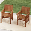 Set of 2 outdoor solid wood patio chairs with slatted seats and inclined backrests for backyard relaxation.