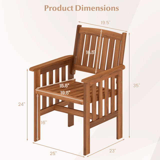 Patio chair dimensions showing solid wood frame, slatted seat, and inclined backrest for outdoor comfort and style.