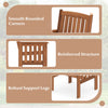 Close-up of solid wood patio chair showing slatted seat, inclined backrest, and robust support legs for outdoor use.