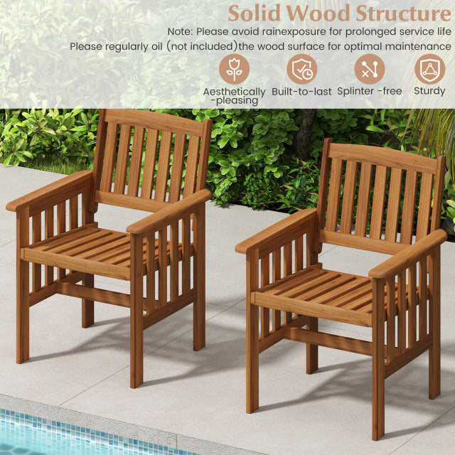 Side view of a solid wood patio chair showcasing slatted seat and armrests, perfect for outdoor settings like porches.
