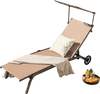 Adjustable brown chaise lounge chair with canopy and cup holder, perfect for poolside relaxation.