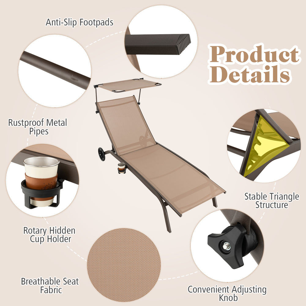 Brown adjustable chaise lounge chair with anti-slip footpads and smooth wheels, ideal for outdoor comfort and mobility.