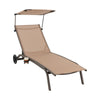 Adjustable brown chaise lounge chair with canopy, cup holder, and wheels, perfect for poolside or backyard relaxation.