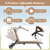Adjustable chaise lounge chair with canopy and cup holder, featuring a heavy-duty frame, ideal for poolside relaxation.